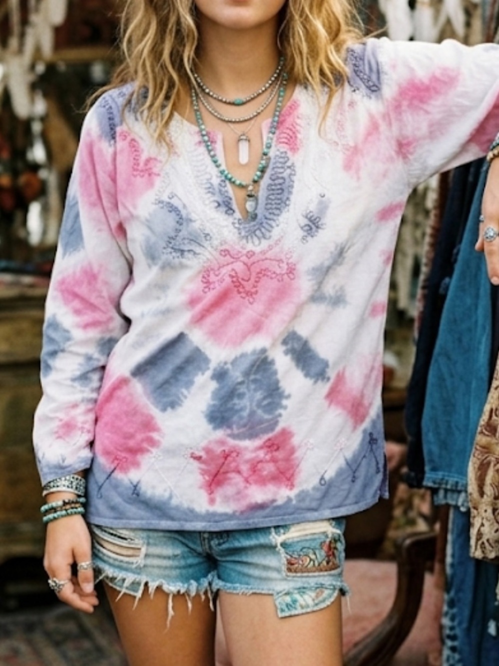 Tie-Dye V-Neck Henley Long Sleeve embroidered boho  cotton Top festival hippie S